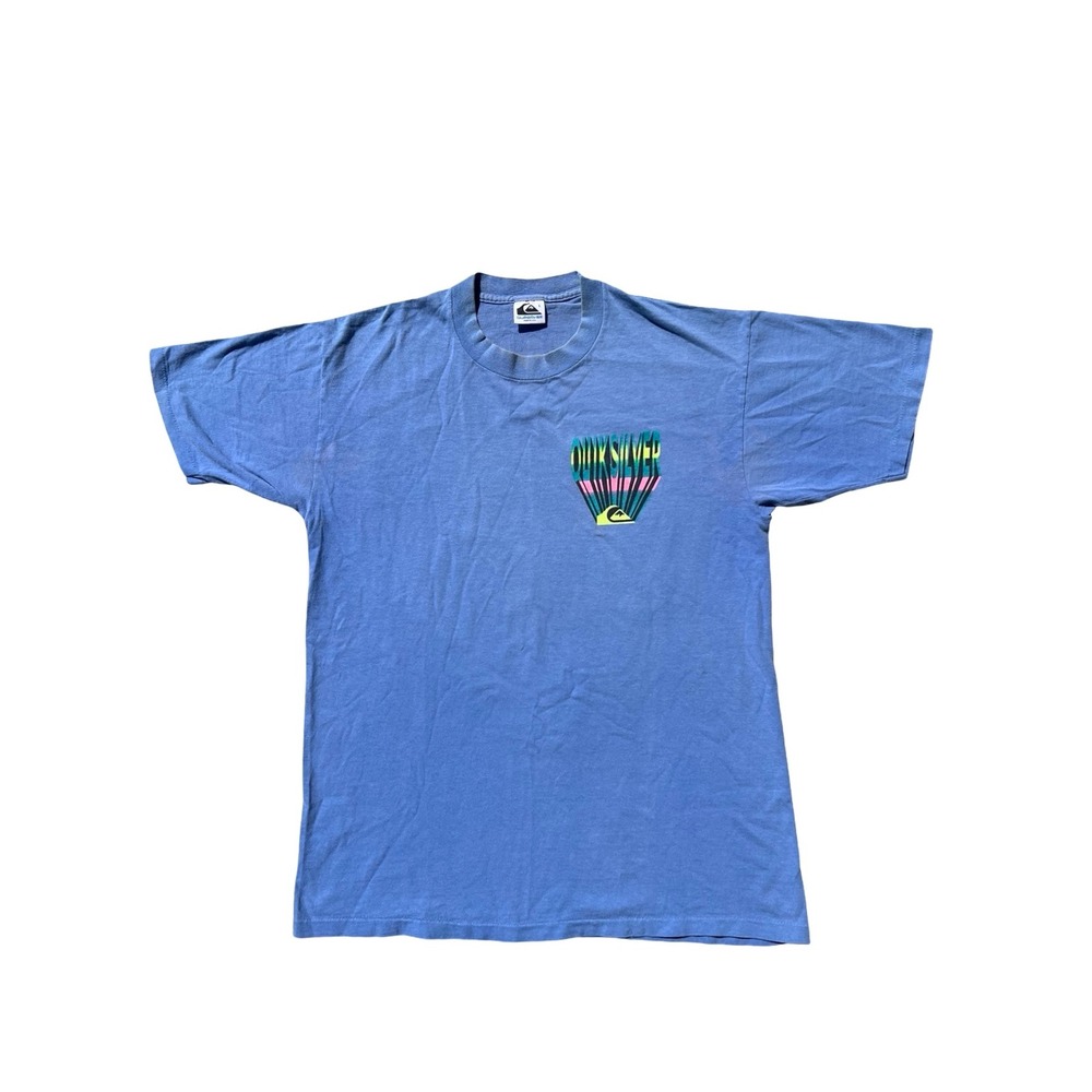 VTG Rare 90s Quiksilver Made-in-USA Sz L T-Shirt Blue Neon Graphic Single-Stitch